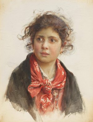 Bildnis eines scheuen Madchens mit rotem Halstuch und zerzausten Locken by Ludwig Johann Passini Oil Painting