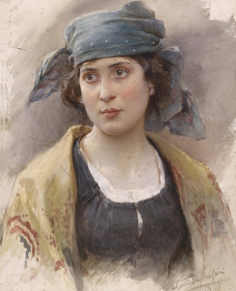 Madchen mit grunem Kopftuch  by Ludwig Johann Passini - Hand-Painted Oil Painting Reproduction