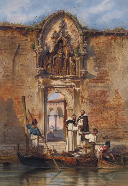 Monks Buying Fish before the Portal of the Madonna della Misericordia  by Ludwig Johann Passini - Hand-Painted Oil Painting Reproduction