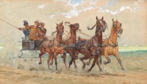 A four-in-hand in galopp, three sportive gentleman on a coach by Ludwig Koch Oil Painting