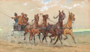 A four-in-hand in galopp, three sportive gentleman on a coach by Ludwig Koch Oil Painting