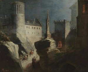 Riders Approaching a Romantic Castle by Ludwig Kohl Oil Painting