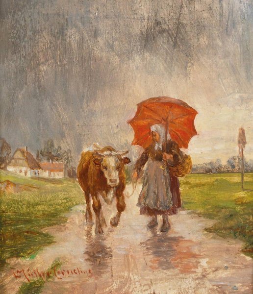 Returning Home with Red Umbrella by Ludwig Muller-Cornelius - Hand-Painted Oil Painting Reproduction