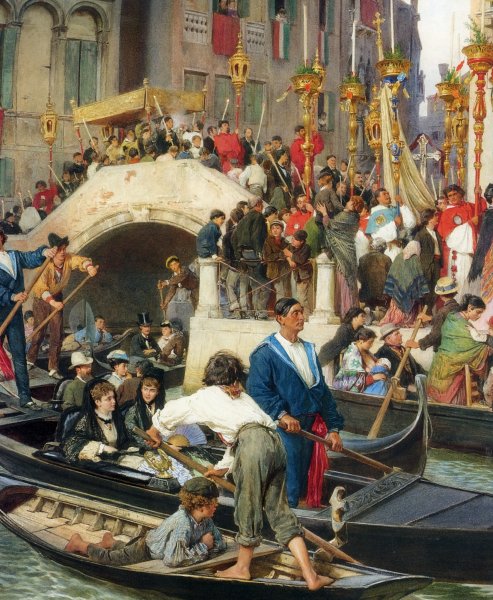 An Der Riva Dei Schiavoni Eine Prozession in Venedig Detail by Ludwig Passini - Hand-Painted Oil Painting Reproduction