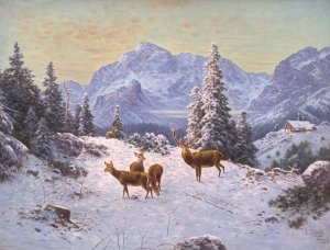 Hirsch mit Rudel im Winter by Ludwig Sckell Oil Painting