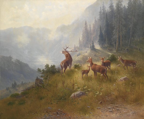Hirsche im Hochgebirge by Ludwig Sckell - Hand-Painted Oil Painting Reproduction