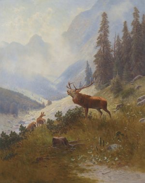 Rohrender Hirsch im Gebirge by Ludwig Sckell Oil Painting