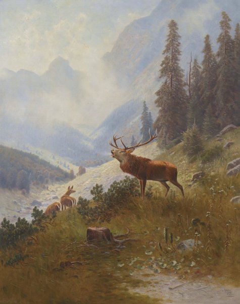 Rohrender Hirsch im Gebirge by Ludwig Sckell - Hand-Painted Oil Painting Reproduction