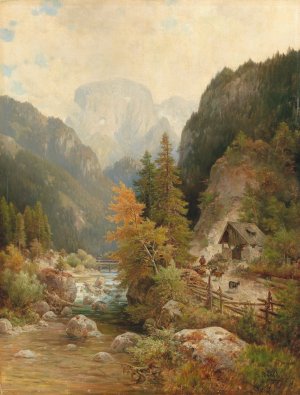 Shepherd and Flock on the Path by a Torrent by Ludwig Sckell Oil Painting
