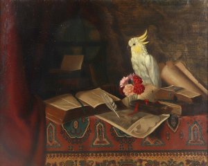 Stillleben mit Buchern und Kakadu by Ludwig Valenta Oil Painting