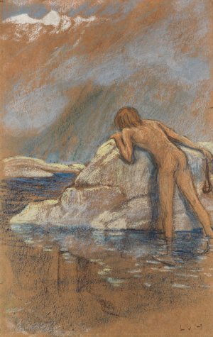 Knabenakt, mit Steinschleuder Murmeltiere jagend by Ludwig Von Hofmann Oil Painting