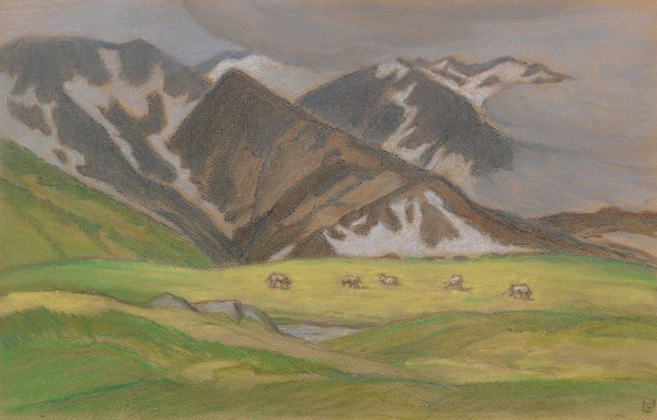 Main Product Photo of Schweizer Alpenlandschaft mit weidenden Kuhen  Painting by Ludwig Von Hofmann
