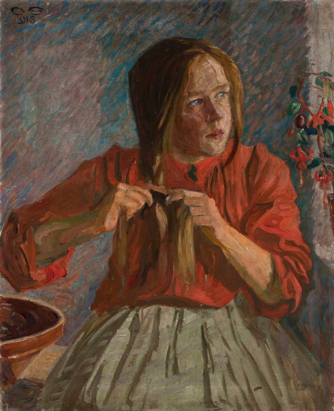 Girl making a braid  by Ludwik Misky - Hand-Painted Oil Painting Reproduction