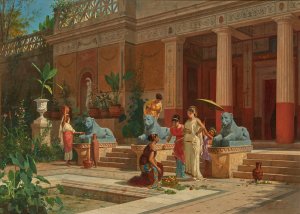A fruit seller in the courtyard of a Pompeian villa by Luigi Bazzani Oil Painting