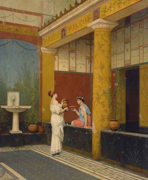 A pompeiian courtyard  by Luigi Bazzani - Hand-Painted Oil Painting Reproduction