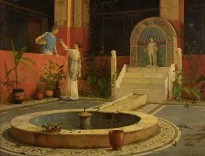 Picking Flowers From The Courtyard by Luigi Bazzani Oil Painting