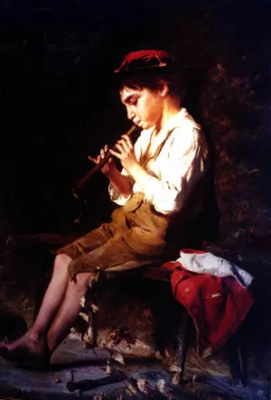 Boy with Recorder by Luigi Bechi - Oil Painting Reproduction