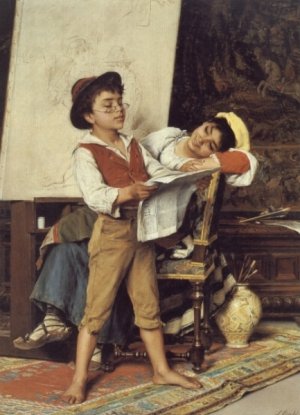 Reading the News In The Artist's Studio by Luigi Bechi Oil Painting
