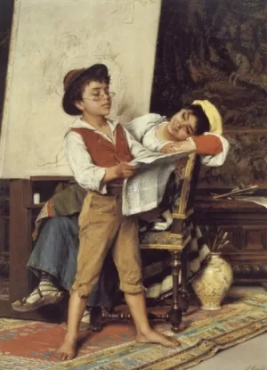 Reading the News In The Artist's Studio by Luigi Bechi Oil Painting