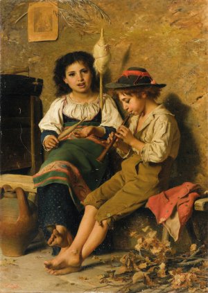 Spinnerin und FlOtenspieler by Luigi Bechi Oil Painting