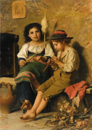 Spinnerin und FlOtenspieler by Luigi Bechi Oil Painting