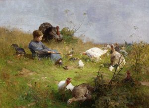A Young Girl with a Flock of Turkeys