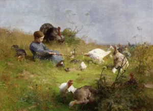 A Young Girl with a Flock of Turkeys painting by Luigi Chialiva