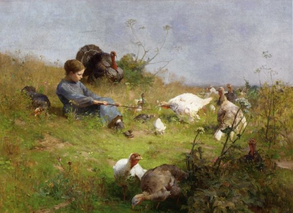 Main Product Photo of A Young Girl with a Flock of Turkeys Painting by Luigi Chialiva