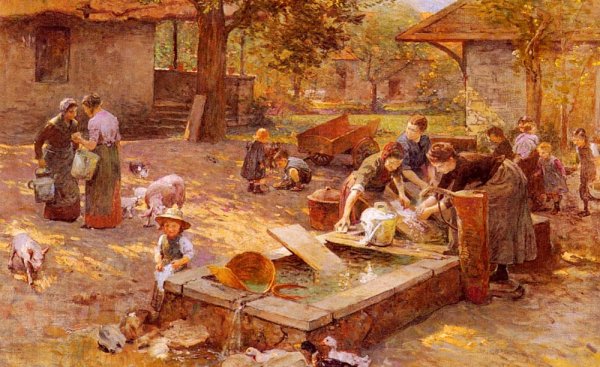 At the Washing Place by Luigi Chialiva - Hand-Painted Oil Painting Reproduction