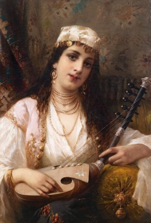 A young Turkish musician with a kopuz by Luigi Crosio Oil Painting