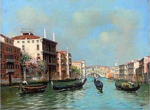 Main Product Photo of Gondoliers Before the Rialto Bridge Painting by Luigi Lanza