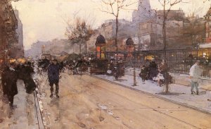 A Parisian Street Scene with Sacre Coeur in the Distance by Luigi Loir Oil Painting