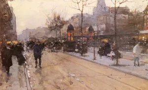 A Parisian Street Scene with Sacre Coeur in the Distance by Luigi Loir - Oil Painting Reproduction