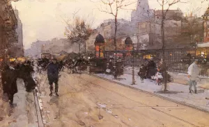 A Parisian Street Scene with Sacre Coeur in the Distance