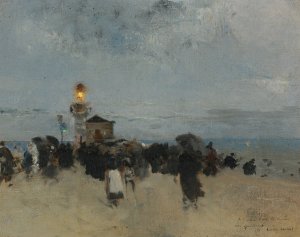 Figures Near A Lighthouse by Luigi Loir Oil Painting