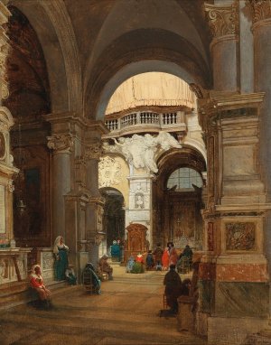 Rome, a Scene in the Church of Santa Maria del Popolo, in the Background the Organ Gallery with the Coat of Arms of Giulio II della Rovere by Luigi Marchesi Oil Painting