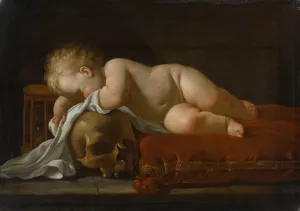 A Vanitas Scene With A Sleeping Child On A Red Velvet Cushion, An Egg Timer And A Skull Oil painting by Luigi Miradori