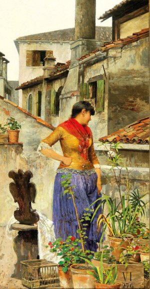 A Young Venetian Woman On A Roof Terrace by Luigi Pastega Oil Painting