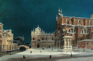 A noctural view of Campo dei Santi Giovanni e Paolo, Venice by Luigi Querena Oil Painting