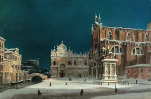 A noctural view of Campo dei Santi Giovanni e Paolo, Venice by Luigi Querena Oil Painting