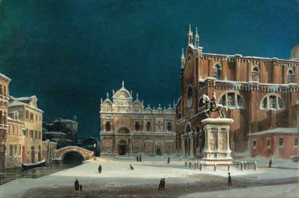 A noctural view of Campo dei Santi Giovanni e Paolo, Venice by Luigi Querena - Hand-Painted Oil Painting Reproduction