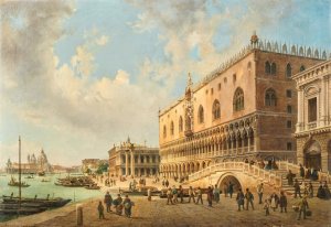 The Doge's Palace, the Piazzetta and the Biblioteca in Venice, with Santa Maria della Salute beyond by Luigi Querena Oil Painting