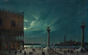 Venice the Piazzetta in the moonlight by Luigi Querena Oil Painting