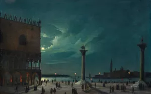 Venice the Piazzetta in the moonlight by Luigi Querena Oil Painting