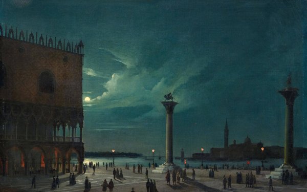 Venice the Piazzetta in the moonlight  by Luigi Querena - Hand-Painted Oil Painting Reproduction