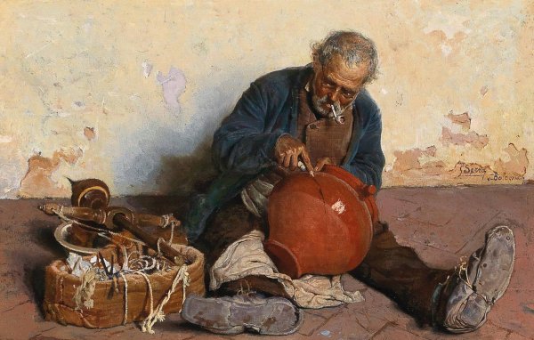 The Broken Jug by Luigi Serra - Hand-Painted Oil Painting Reproduction