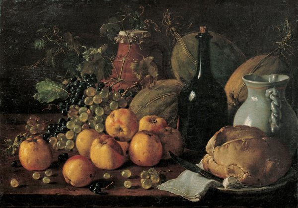 Main Product Photo of Still Life with Apples, Grapes, Melons, Bread, Jug and Bottle  Painting by Luis Melendez