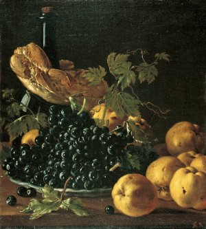 Still Life with Bread, Apples, Grapes and a Bottle by Luis Melendez Oil Painting