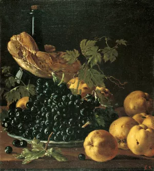 Still Life with Bread, Apples, Grapes and a Bottle by Luis Melendez Oil Painting