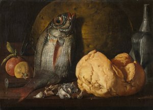 Still Life with Fish, Bread, and Kettle by Luis Melendez Oil Painting